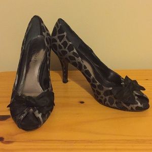 Silver & black animal print open toe heels